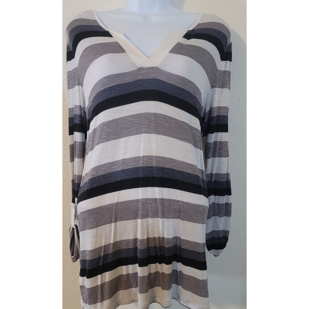 Leo & Nicole White Gray Striped Slub Knit Women's Shirt XS Roll Tab Long Sleeves